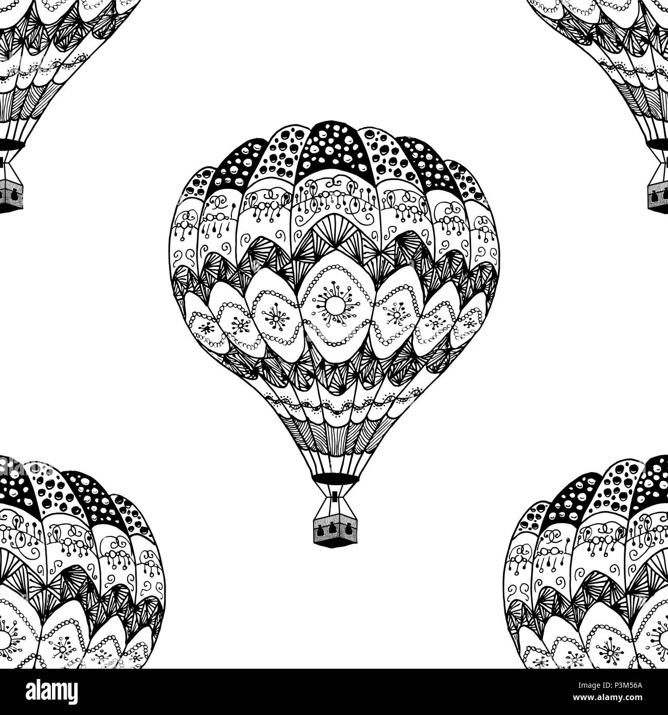 Vektor nahtlose Muster der Heißluftballon in zentangle Stil. Färbung Seite Anti stress Buch. Schwarze Hand gezeichnet Heißluftballon auf weißem Hintergrund Stock Vektor