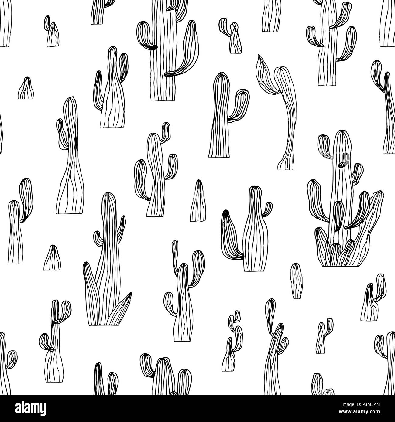 Vektor nahtlose Cactus Muster von Saguaro Kaktus. Skizze Kaktus Hintergrund. Färbung Seite Buch Anti stress Stock Vektor