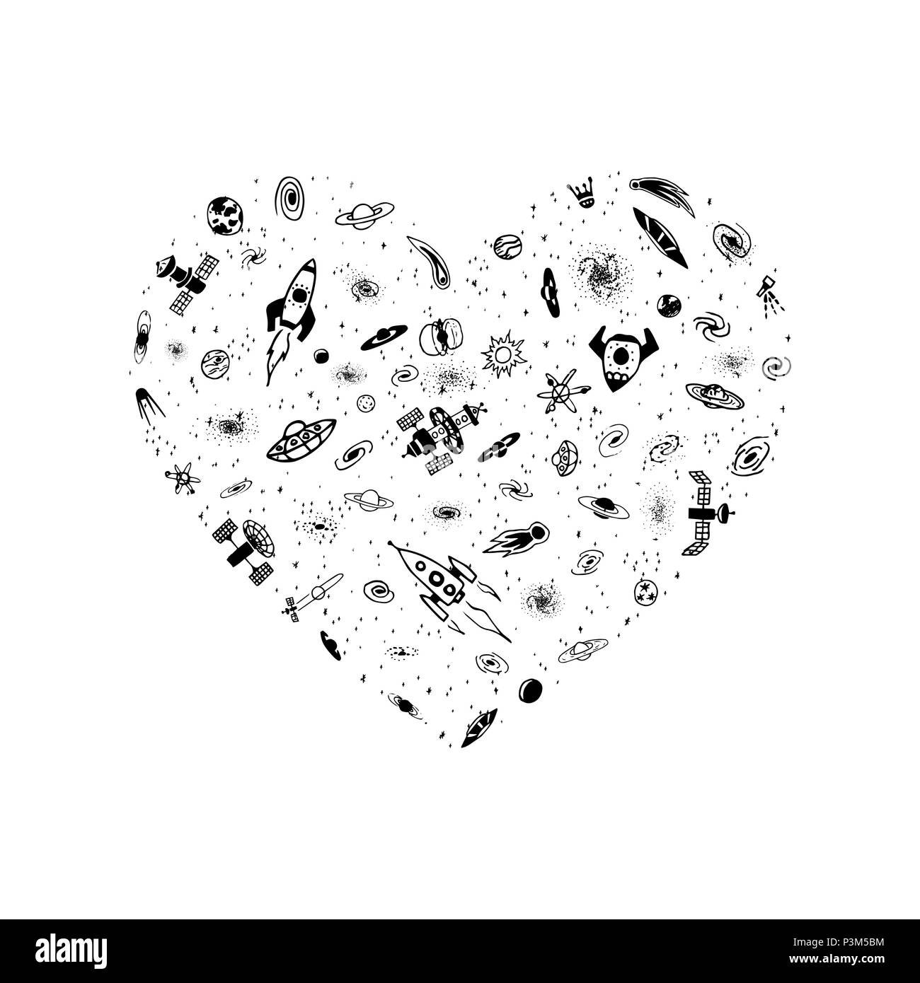 Vector Illustration von Raum Objekt in Herzform. Magic Herz von der Rakete, Galaxie, Sterne, Planeten, Ufo. Grußkarte für den Valentinstag Stock Vektor