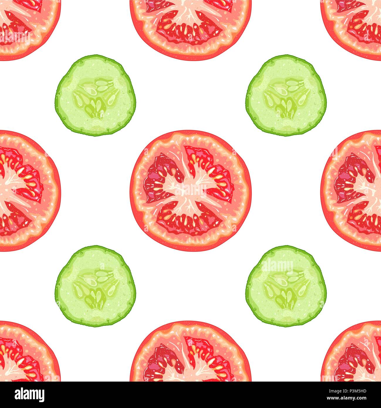 Vektor nahtlose Muster der Tomatenscheiben und Gurkenscheiben auf weißem Hintergrund Stock Vektor