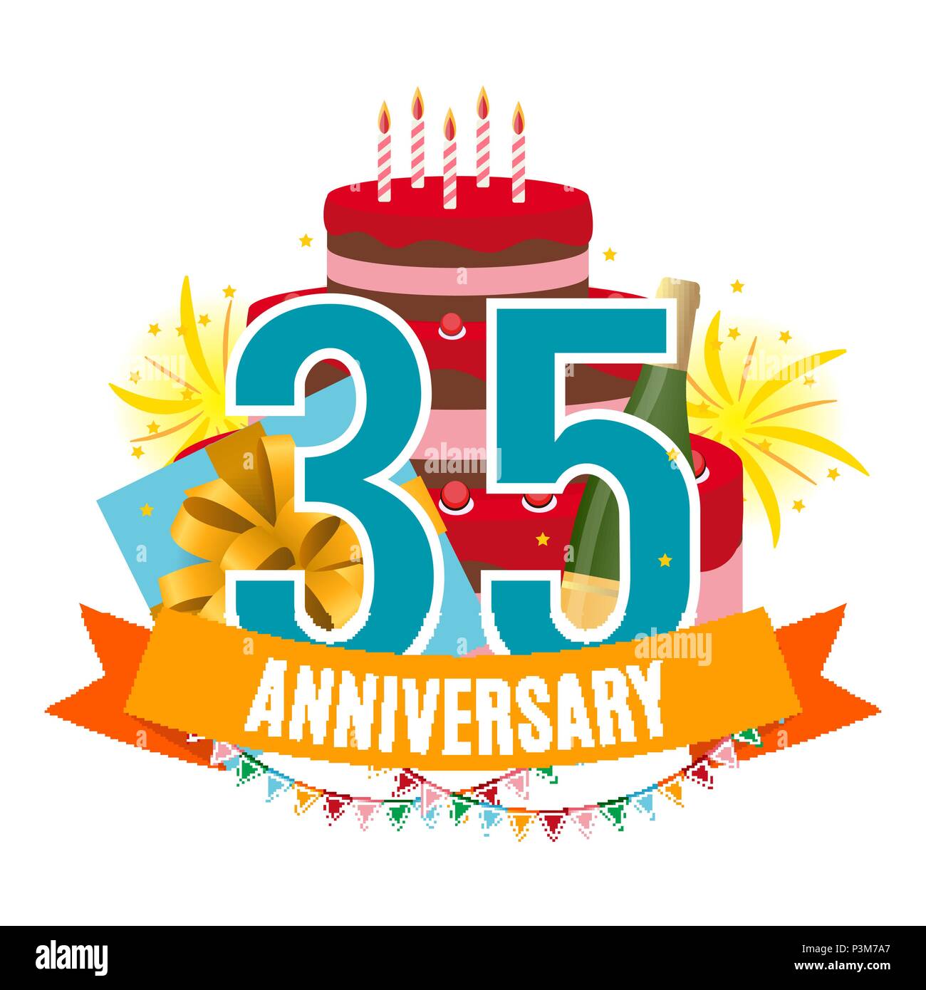 Vorlage 35 Jahre Jubilaum Herzlichen Gluckwunsch Grusskarte Mit Kuchen Geschenkbox Feuerwerk Und Ribbon Einladung Vektor Illustration Eps 10 Stock Vektorgrafik Alamy