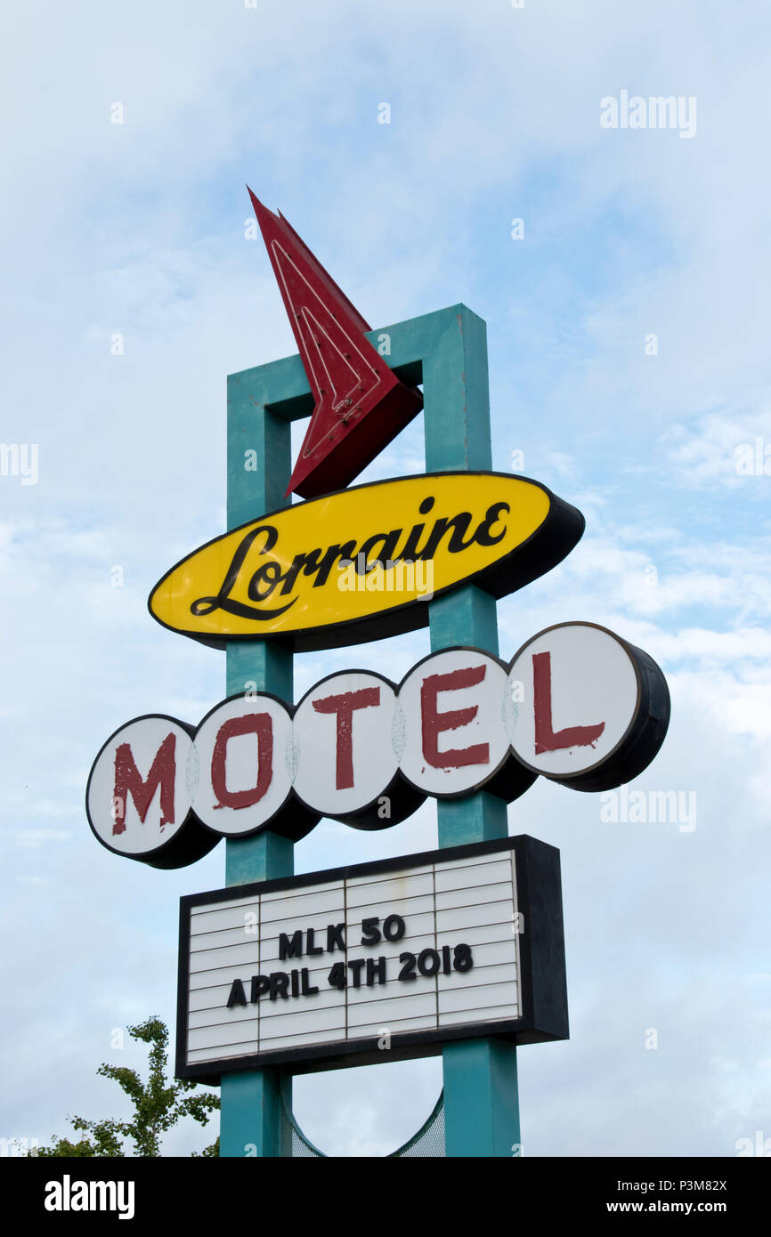 Zeichen der ehemaligen Lorraine Motel, wo Martin Luther King 1968 ermordet wurde, jetzt das National Civil Rights Museum, Memphis, Tennessee. Stockfoto