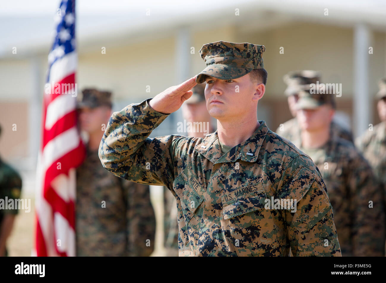 Us Marine Corps 1. Lt Thomas A. weiß, infanterieoffizier mit Schwarzen Meer Drehkraft, begrüßt Sie während der Wiedergabe des Nationalen jede Nation Hymne während der Eröffnungsfeier der Übung Platin Lion16-4 an Bord Novo Selo, Bulgarien, 11. Juli 2016. Platin Lion ist eine groß angelegte Übung, in der acht NATO- und Partnerstaaten für eine multi-nationale, live-fire Übung sollen regionale Verteidigung zu stärken. (U.S. Marine Corps Foto von Cpl. Kelly L. Straße, 2 D MARDIV COMCAM/Freigegeben) Stockfoto