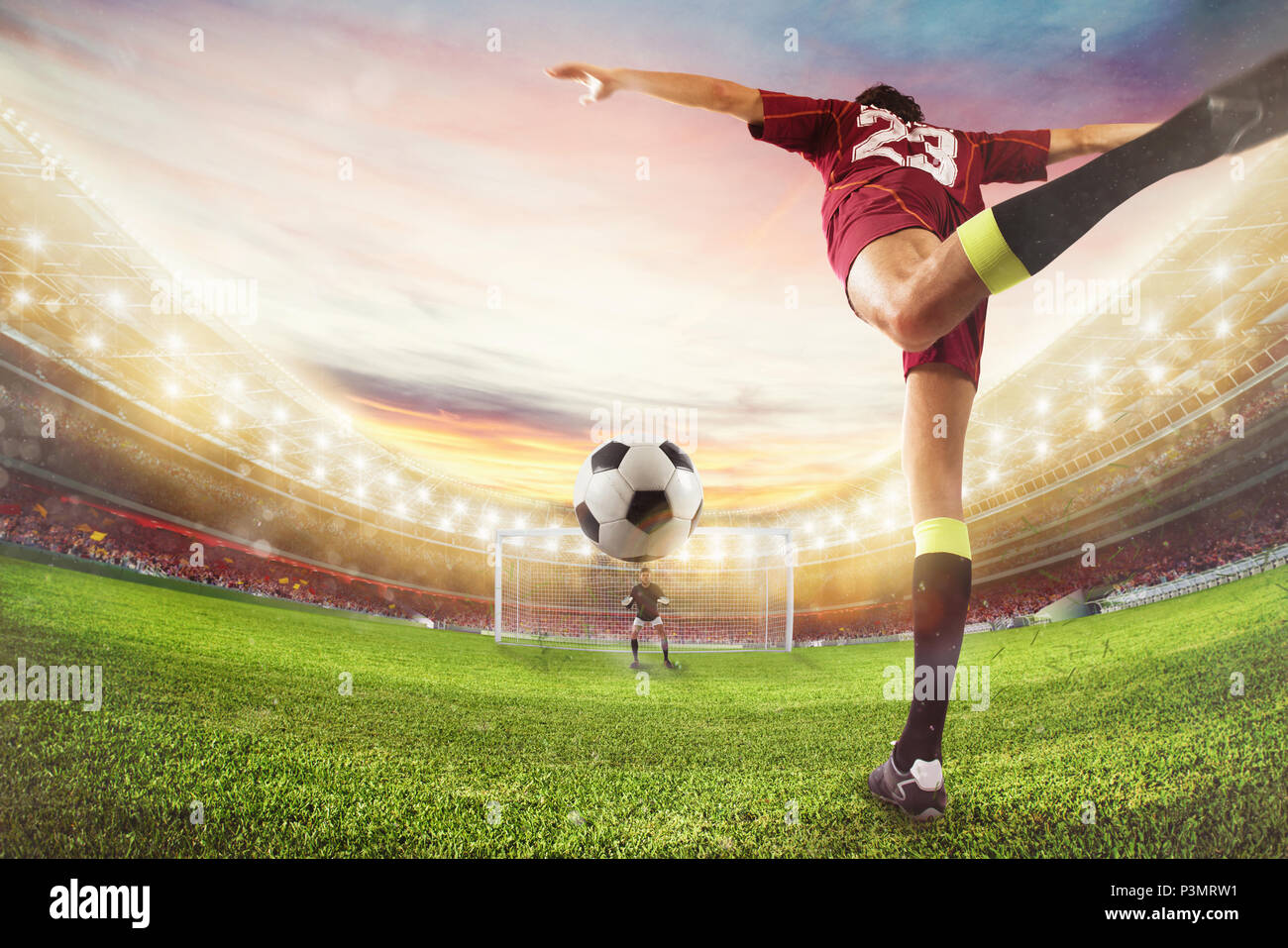 Fußball Stürmer schlägt den Ball mit einer akrobatischen Kick. 3D-Rendering Stockfoto