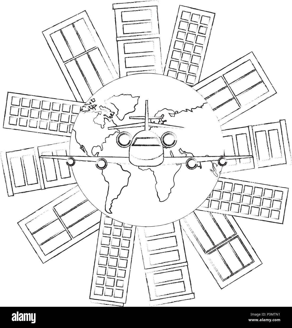 Reisen Flugzeug um der Weltstädte Vector Illustration Stock Vektor