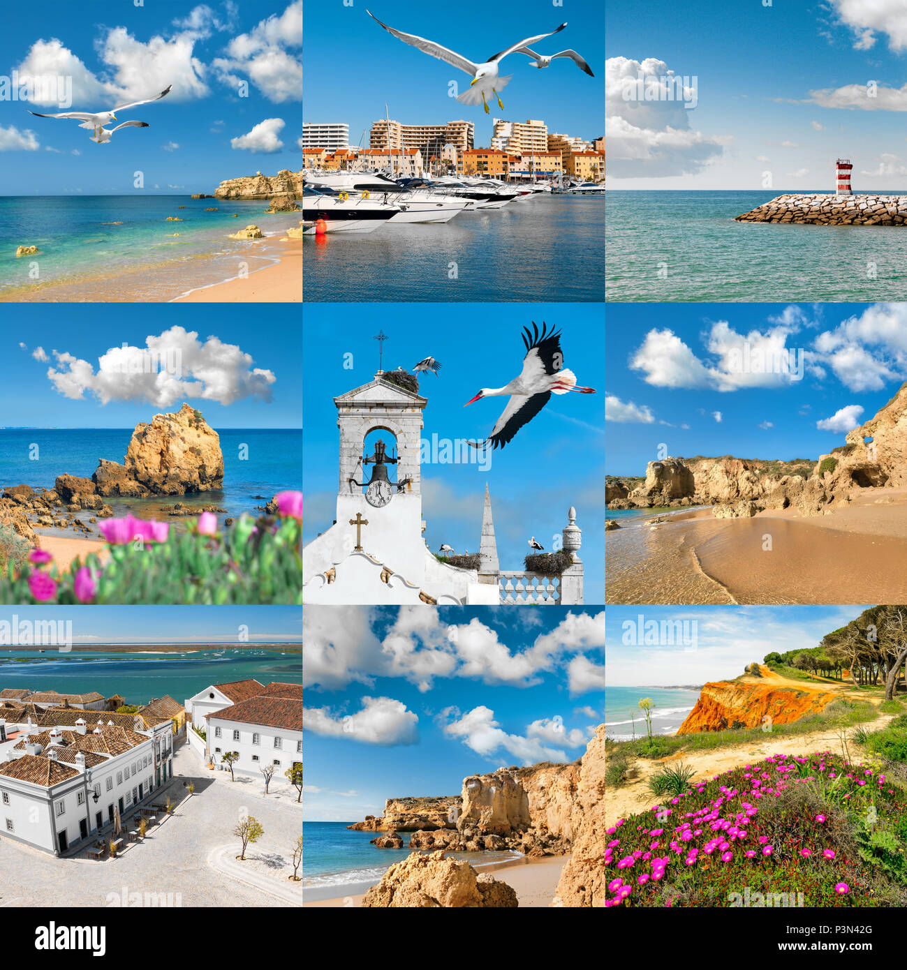 Wunderschöne Algarve Südküste Portugals. Satz von neun Bilder mit Sandsteinfelsen, Möwen über Yachten, und Weißstörche über lokale Kirchen Stockfoto