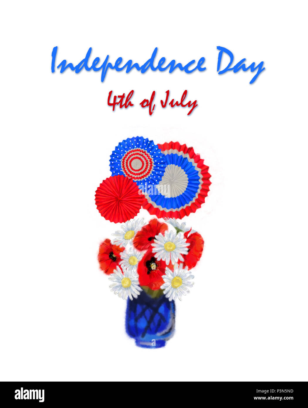 4. Juli Blumenschmuck mit patriotischen Farbe KOKARDEN und Sterne. Daisy und Poppy Bouquet mit Trikolore Dekor für vierten Juli Clip Art. Stockfoto