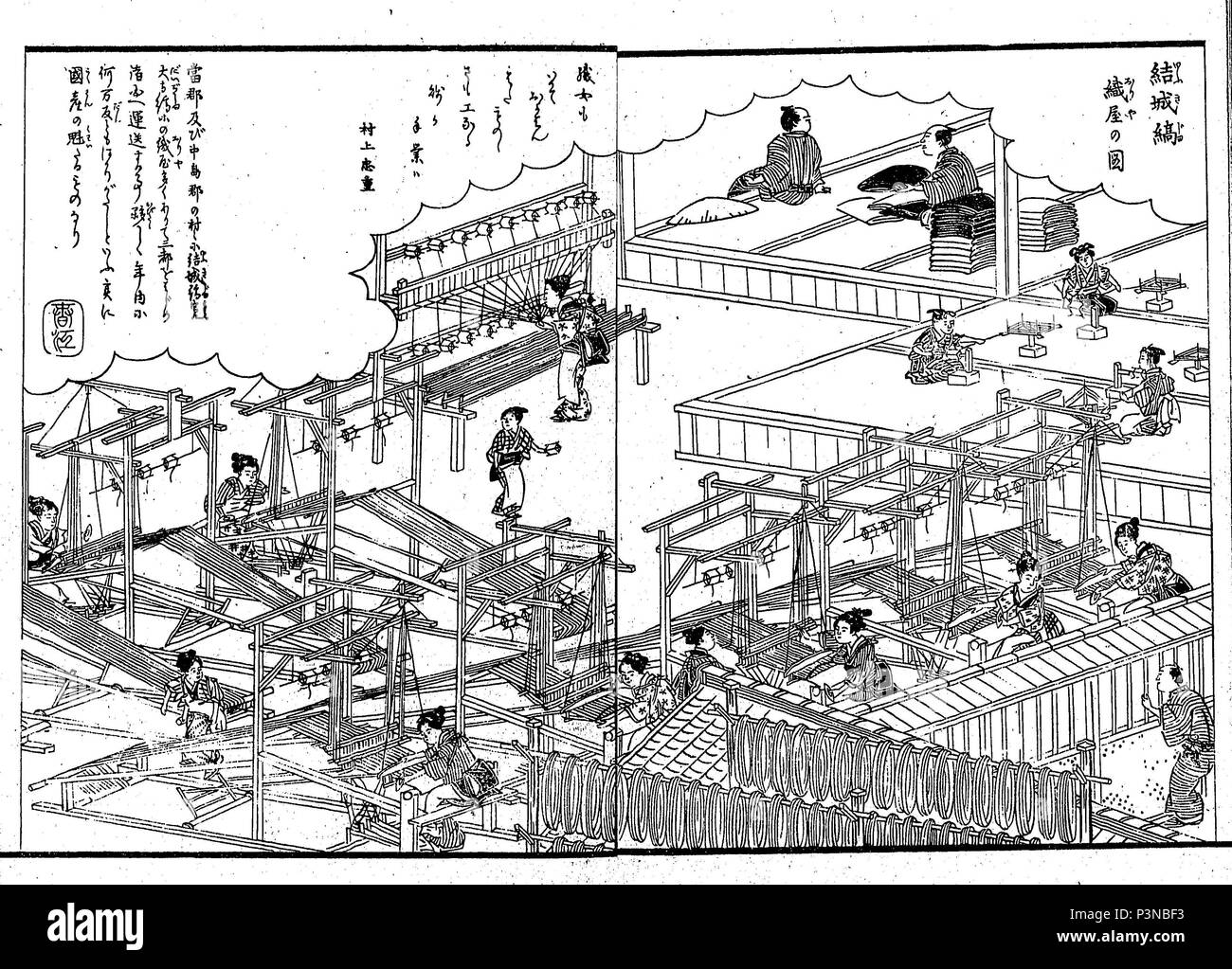 Szene von Yukijima weben Produktion, von Owari meisho zue, im Jahr 1880 veröffentlicht. Stockfoto