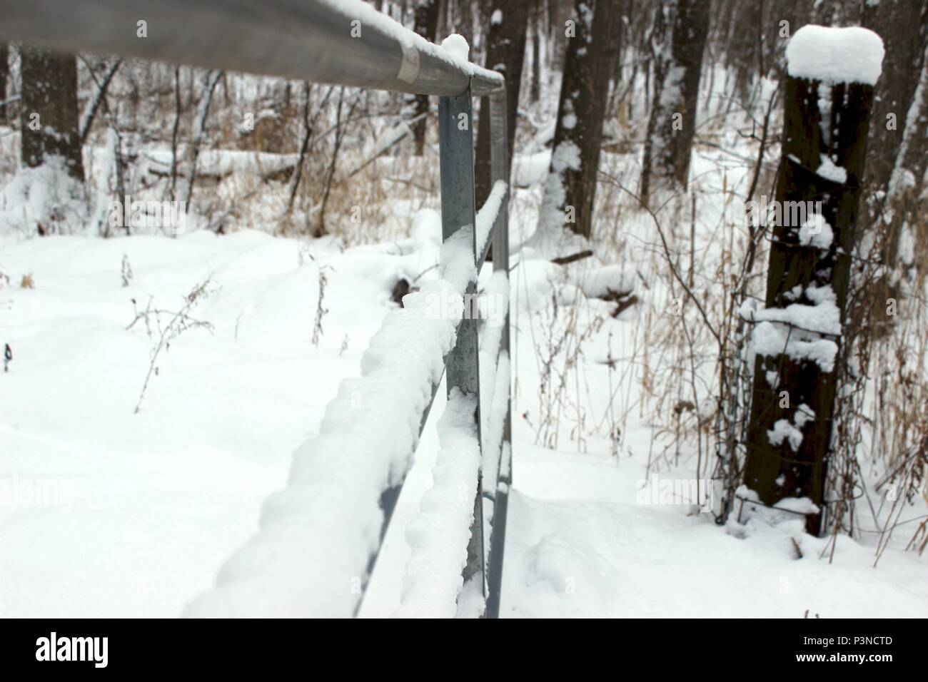 Ein künstlerischer Blick an einem Zaun im Schnee Stockfoto