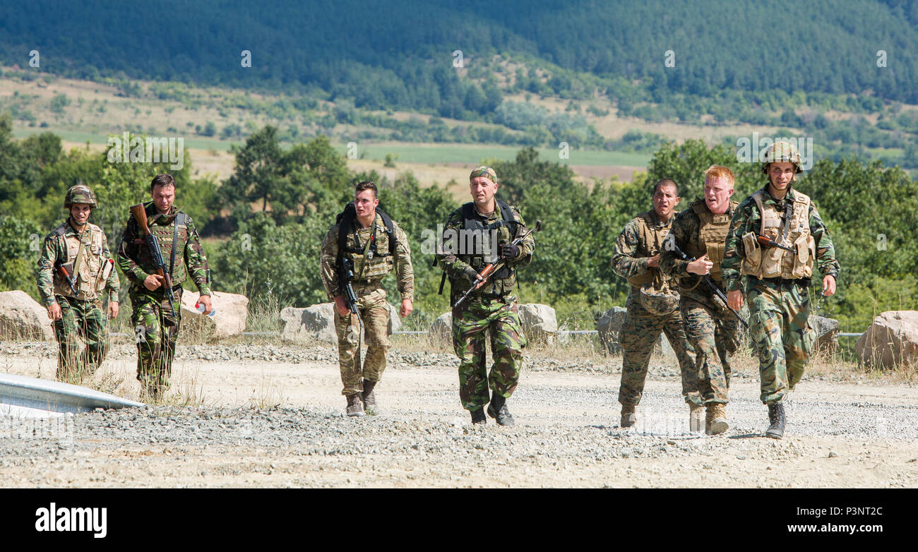 Die NATO-Verbündeten und Partnern teilnehmen, bilden eine "Super Squad" für eine Ausdauer Wettbewerb während der Übung Platin Lion16-4 an Bord Novo Selo, Bulgarien, 13. Juli 2016. Dieser multinationalen Übung vereint acht NATO- und Partnerstaaten für eine Live-fire Übung sollen regionale Verteidigung in Osteuropa zu stärken. (U.S. Marine Corps Panorama von Cpl. Kelly L. Straße, 2 D MARDIV COMCAM/Freigegeben) Stockfoto