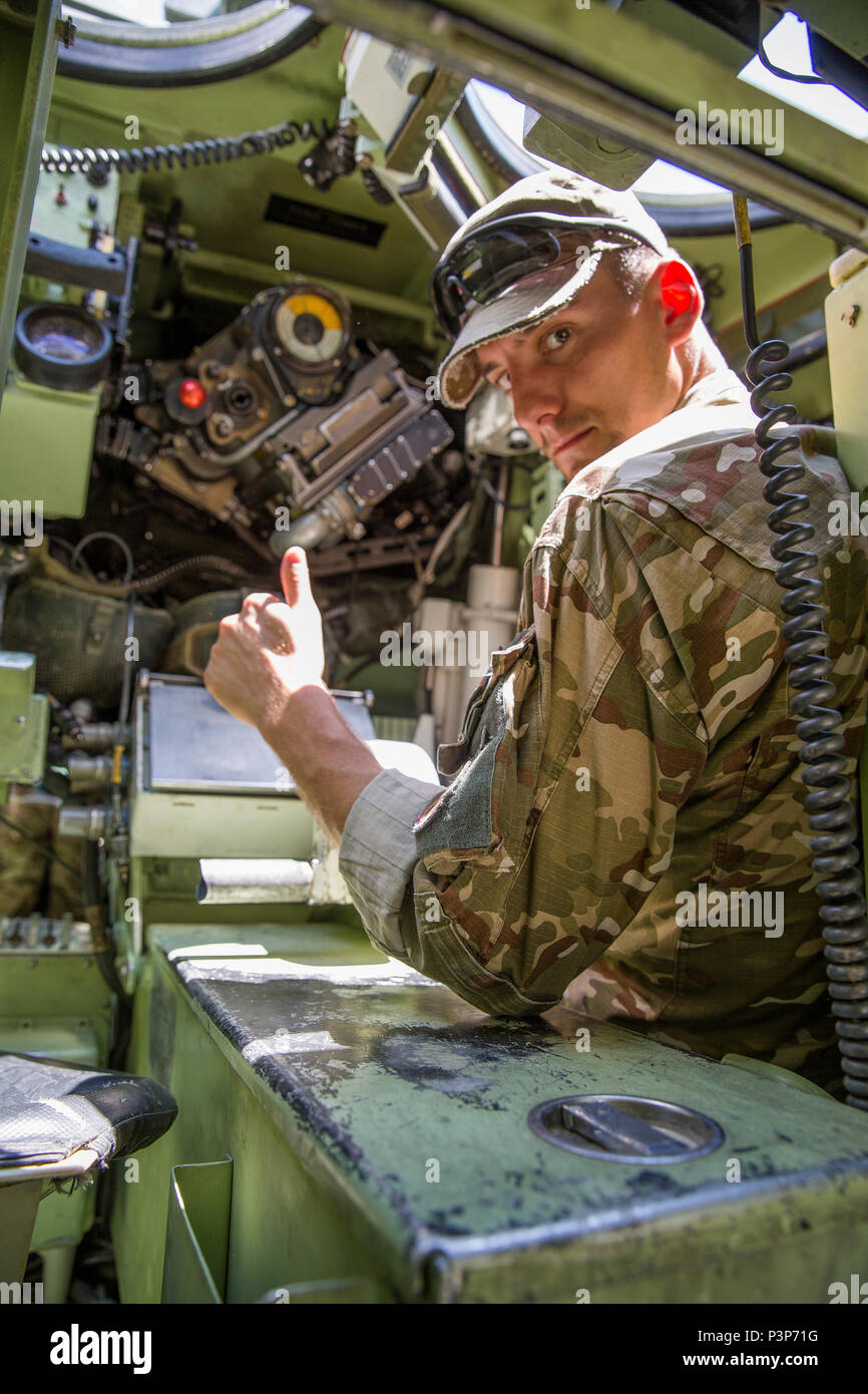 Ein slowenischer Soldat macht sich mit einem U.S. Marine Corps Licht gepanzertes Fahrzeug Übung Platin Lion16-4 an Bord Novo Selo, Bulgarien, 11. Juli 2016. Dieser multinationalen Übung vereint acht NATO- und Partnerstaaten für eine Live-fire Übung sollen regionale Verteidigung zu stärken. (U.S. Marine Corps Foto von Cpl. Kelly L. Straße, 2 D MARDIV COMCAM/Freigegeben) Stockfoto