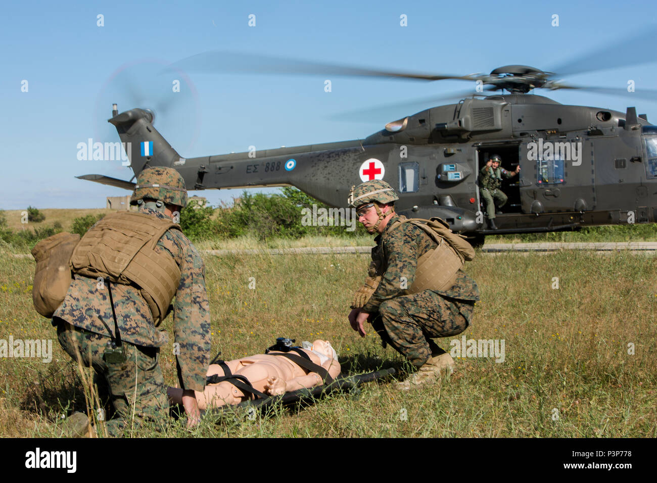 U.S. Navy Petty Officer 2nd class Josua Weber und Petty Officer 3rd Class Patrick Webster, beide Hospital corpsmen mit Schwarzen Meer Drehkraft, bereiten Sie eine simulierte blast Opfer während der Übung Platin Lion16-4 an Bord Novo Selo, Bulgarien, 12. Juli 2016 zu einem griechischen Puma Helikopter zu tragen. Dieser multinationalen Übung vereint acht NATO- und Partnerstaaten für eine Live-fire Übung sollen regionale Verteidigung in Osteuropa zu stärken. (U.S. Marine Corps Foto von Cpl. Kelly L. Straße, 2 D MARDIV COMCAM/Freigegeben) Stockfoto