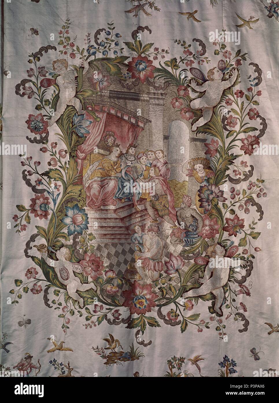 COLCHA FILIPINA BORDADA CON LA LLEGADA DE COLON ANTE Los Reyes Catolicos. Lage: das Museo DE AMERICA - COLECCION, MADRID, SPANIEN. Stockfoto