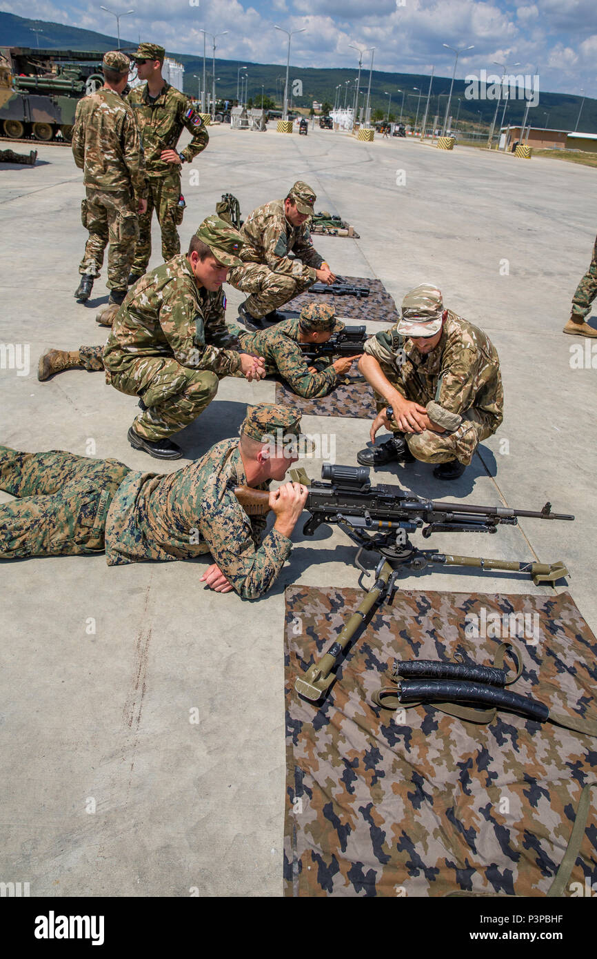 Us-Marines in Sicht mit dem Slowenischen Waffen während der Übung Platin Lion16-4 an Bord Novo Selo, Bulgarien, 11. Juli 2016. Dieser multinationalen Übung vereint acht NATO- und Partnerstaaten für eine Live-fire Übung sollen regionale Verteidigung zu stärken. (U.S. Marine Corps Foto von Cpl. Kelly L. Straße, 2 D MARDIV COMCAM/Freigegeben) Stockfoto