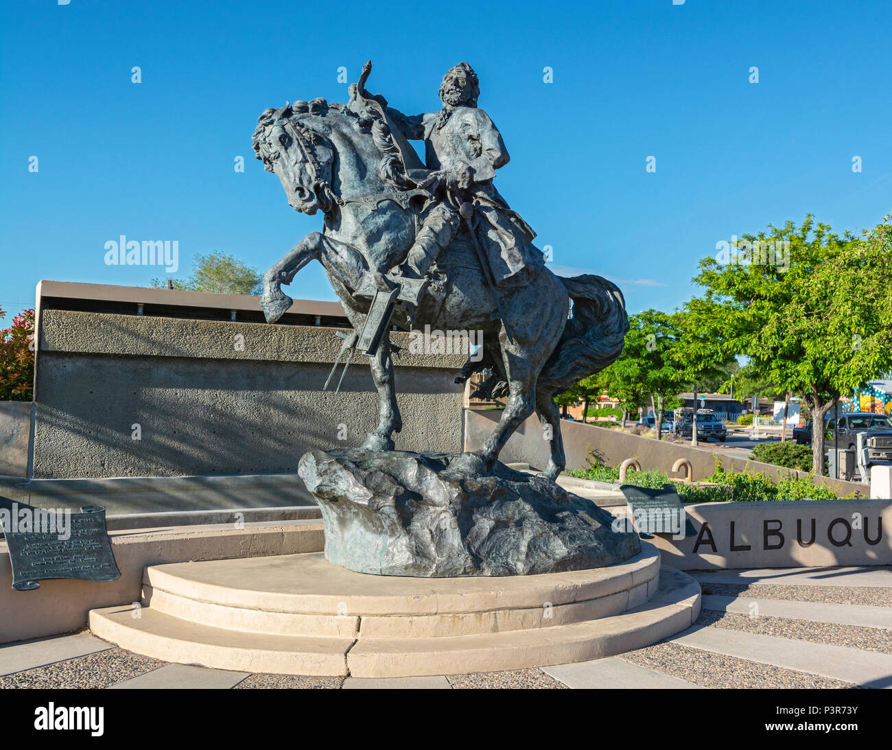 New Mexico, Albuquerque, Altstadt, Statue von Don Francisco Cuervo y Valdes, Gründer von Albuquerque 1706, Buck McCain - Künstler Stockfoto