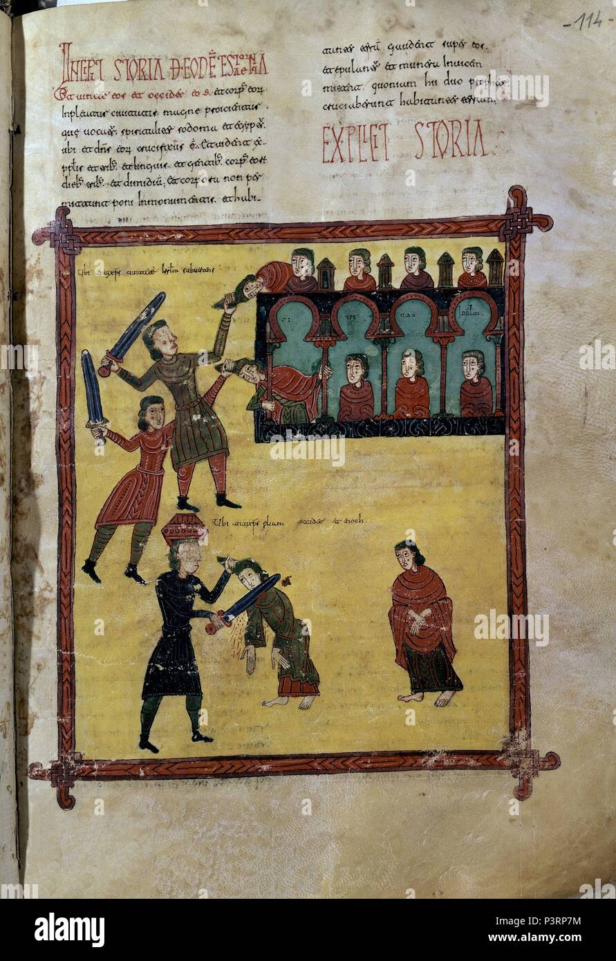 COMENTARIOS AL APOCALIPSIS-Folio 114 R-EL ANTICRISTO da MUERTE A LOS DOS TESTIGOS, DESPUÉS DE LOS PATRIARCAS ENOC Y ELIAS. Autor: Beatus von Liébana (C. 730 - C. 798). Lage: CATEDRAL - BIBLIOTECA, BURGO DE OSMA, Soria, Spanien. Stockfoto