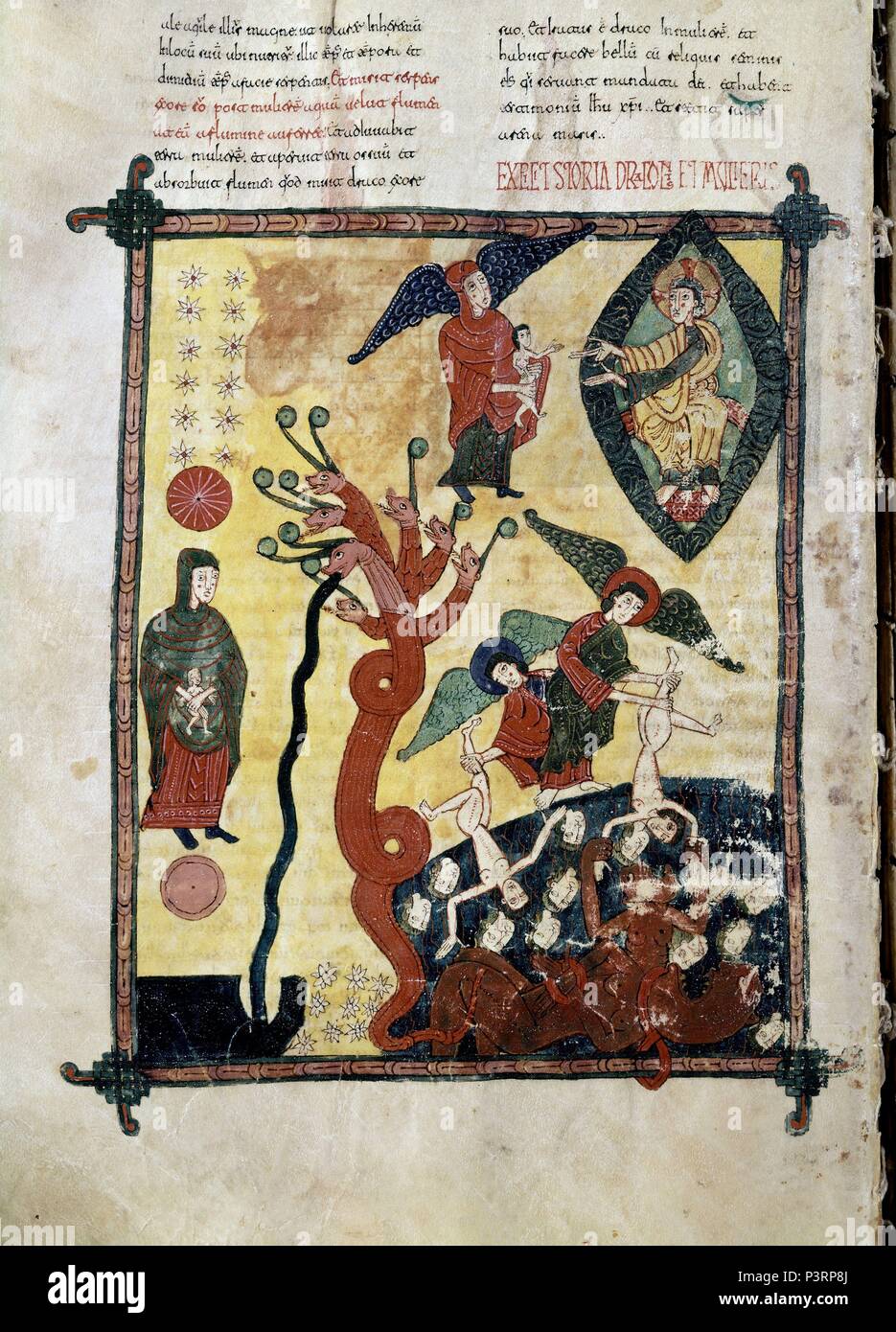 "Beatus" Kommentar auf die Apokalypse von Beato von Liebana von Martino Y Petrus Clericus. Autor: Beatus von Liébana (C. 730 - C. 798). Lage: CATEDRAL - BIBLIOTECA, BURGO DE OSMA, Soria, Spanien. Auch bekannt als: COMENTARIOS AL APOCALIPSIS-F 117/2 E-Folio 117V, LA MUJER VESTIDA DE SOL Y EL DRAGON. Stockfoto