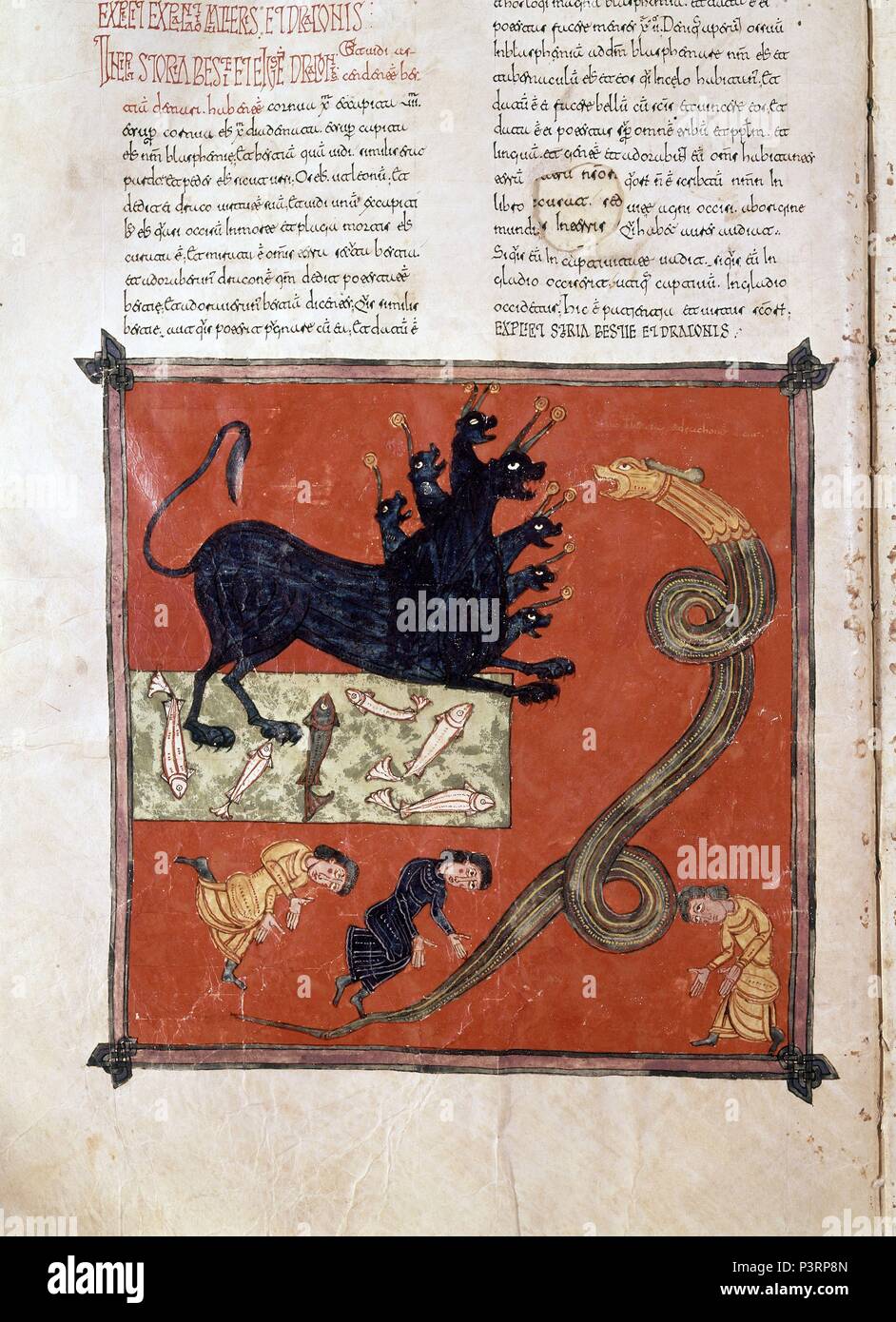 COMENTARIOS AL APOCALIPSIS-Folio 120V, LA BESTIA Y EL DRAGON SOHN ADORADOS. Autor: Beatus von Liébana (C. 730 - C. 798). Lage: CATEDRAL - BIBLIOTECA, BURGO DE OSMA, Soria, Spanien. Stockfoto