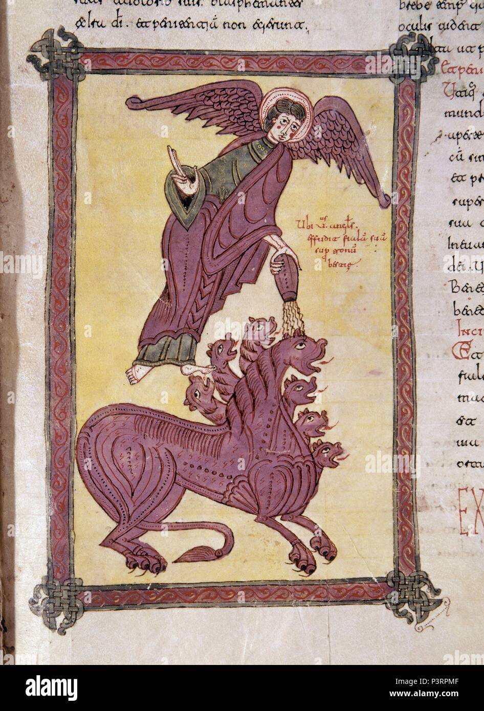 COMENTARIOS AL APOCALIPSIS-Folio 138 R, EL QUINTO ENGEL DERRAMA SU COPA. Autor: Beatus von Liébana (C. 730 - C. 798). Lage: CATEDRAL - BIBLIOTECA, BURGO DE OSMA, Soria, Spanien. Stockfoto