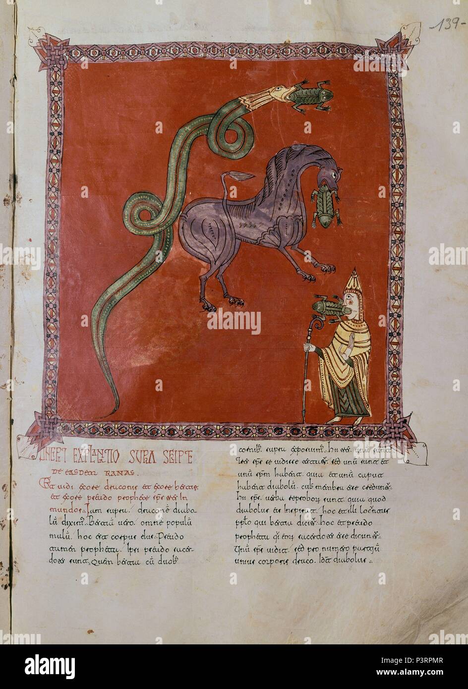 COMENTARIOS AL APOCALIPSIS, 13-Folio 139 R, DE LA BOCA DEL DRAGON, LA BESTIA Y EL FALSO PROFETA SALEN TRES ESPIRITUS INMUNDOS EN FORMA DE RANA. Autor: Beatus von Liébana (C. 730 - C. 798). Lage: CATEDRAL - BIBLIOTECA, BURGO DE OSMA, Soria, Spanien. Stockfoto