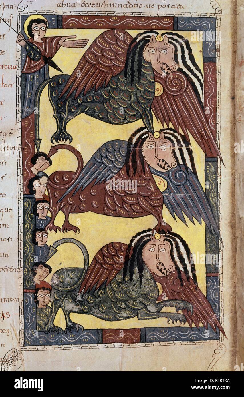 COMENTARIOS AL APOCALIPSIS - MONSTRUOS INVADIENDO LA TIERRA - BEATO DEL ESCORIAL - SIGLO X Autor: Beatus von Liébana (C. 730 - C. 798). Lage: MONASTERIO - BIBLIOTECA - COLECCION, SAN LORENZO DEL Escorial, Madrid, Spanien. Stockfoto