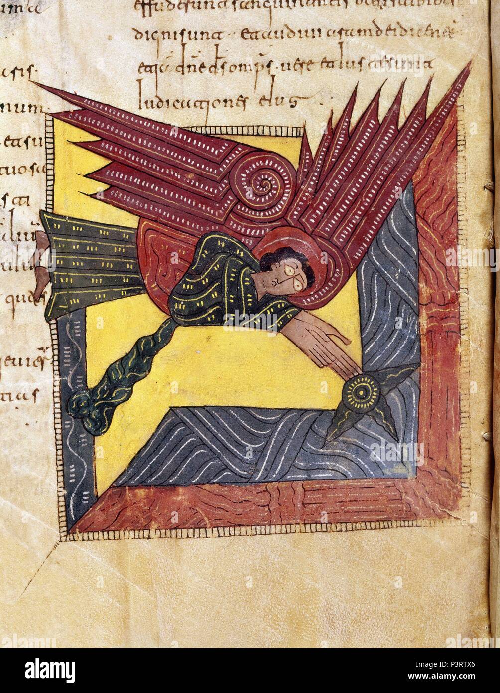 COMENTARIOS AL APOCALIPSIS, EL PRIMER ENGEL DERRAMANDO SU COPA SOBRE LA TIERRA - BEATO DEL ESCORIAL - SIGLO X Autor: Beatus von Liébana (C. 730 - C. 798). Lage: MONASTERIO - BIBLIOTECA - COLECCION, SAN LORENZO DEL Escorial, Madrid, Spanien. Stockfoto