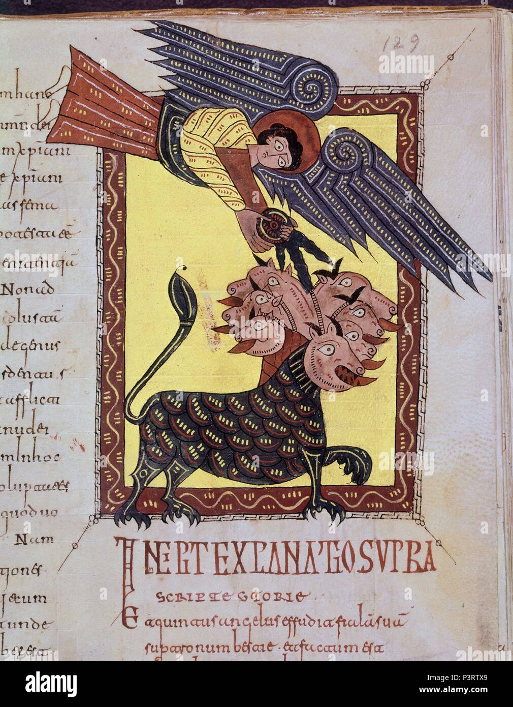 COMENTARIOS AL APOCALIPSIS, EL QUINTO ENGEL DERRAMA SU COPA SOBRE LA SILLA DE LA BESTIA - BEATO DEL ESCORIAL - SIGLO X Autor: Beatus von Liébana (C. 730 - C. 798). Lage: MONASTERIO - BIBLIOTECA - COLECCION, SAN LORENZO DEL Escorial, Madrid, Spanien. Stockfoto