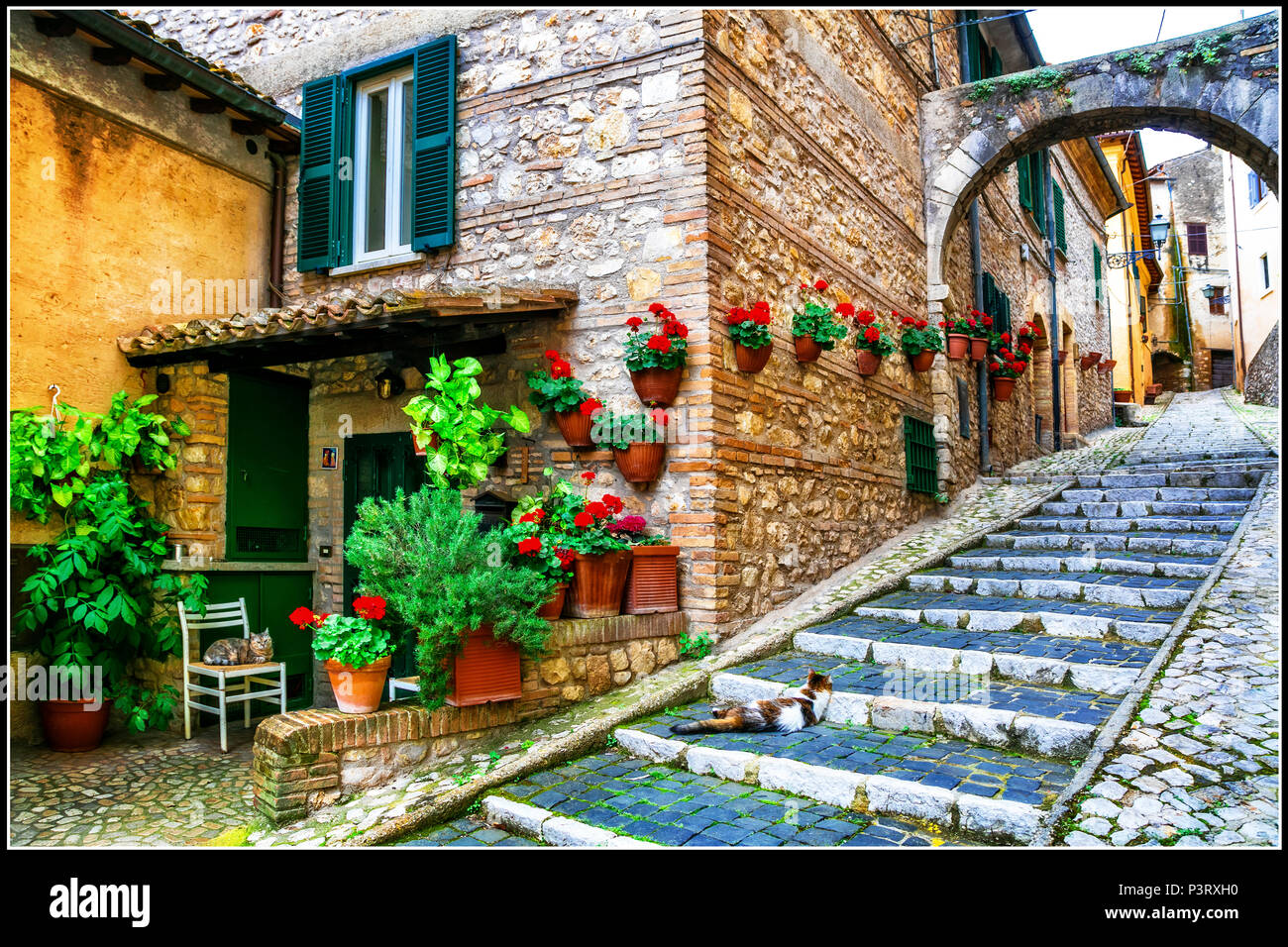 Alte Straßen der italienischen Dorf, mit Blick auf alte Tür, Fenster und Blumenschmuck, Casperia, Rieti, Latium. Stockfoto