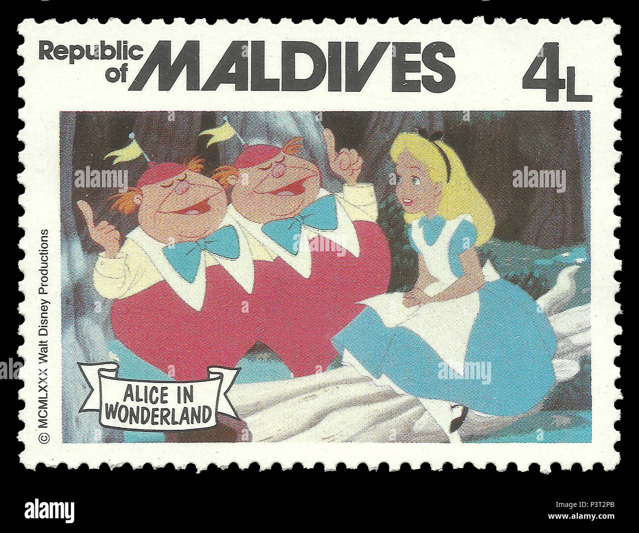 Republik Malediven - Stempel 1980: Colour Edition auf dem Walt Disney, zeigt Alice im Wunderland und märchenhafte Zeichen Stockfoto