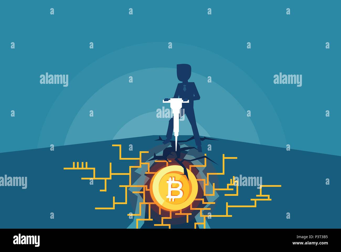 Vektor eines Business mann Bergbau Bitcoins. Modernes Konzept der digitalen crypto Bergbau. Stock Vektor