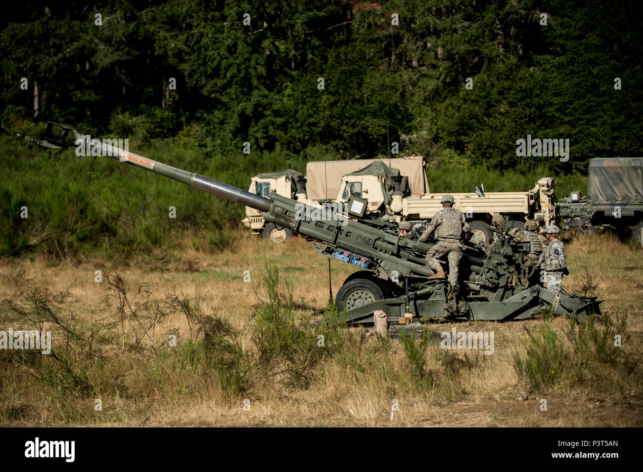 Soldaten in den 2 Bataillon zugeordnet, 17 Field Artillery Regiment "Stahl" vorbereiten, Ihre M777 Haubitze in den frühen Morgen, Joint Base Lewis-McChord, Juli 29. Die live-Fire Training war der Höhepunkt am letzten Tag der Stahl Feuer Führer Kurs 2.0. (Foto: Staff Sgt. Michael K. Selvage, 7 Infanterie Division Public Affairs NCO) (freigegeben) Stockfoto