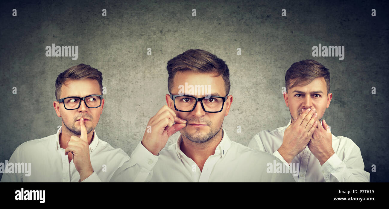 Eine geheime ruhig Konzept sein. Drei geheimnisvollen Mann, der Mund. Stockfoto