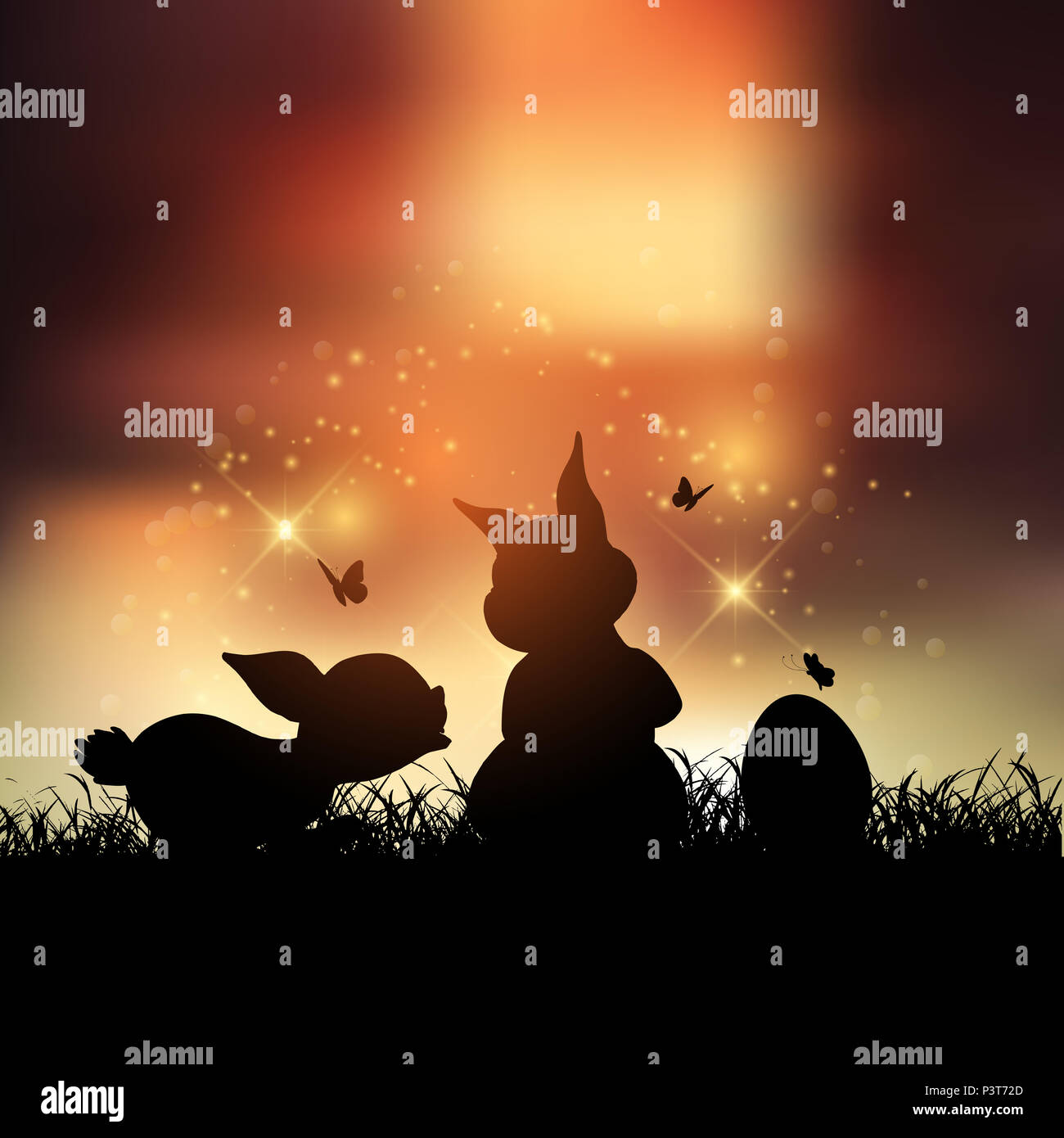 Silhouetten von Osterhasen gegen einen Sonnenuntergang Himmel Stockfoto