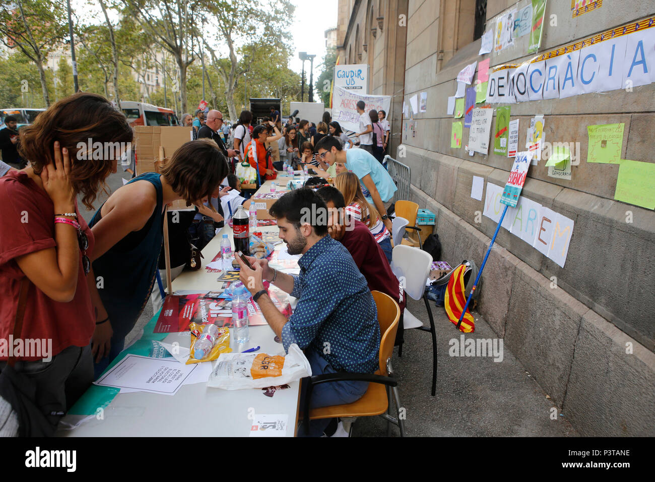 Katalanische Studenten der Universität freiwillig für das Referendum, das von der Zentralen Staatlichen verboten wurde, im Zentrum von Barcelona. Stockfoto
