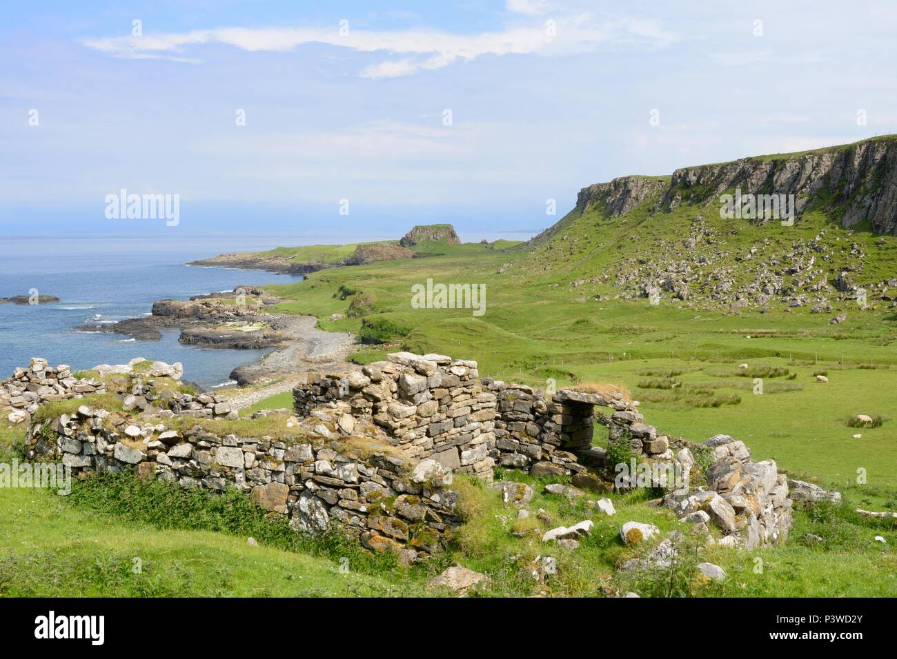 Die Ruinen von Ruaraidh Dhomhnaill A' Chuirns Haus mit Blick auf die Landzunge, wo Dinosaurierdrucke am Brother's Point, Skye, Schottland, Großbritannien gefunden wurden Stockfoto