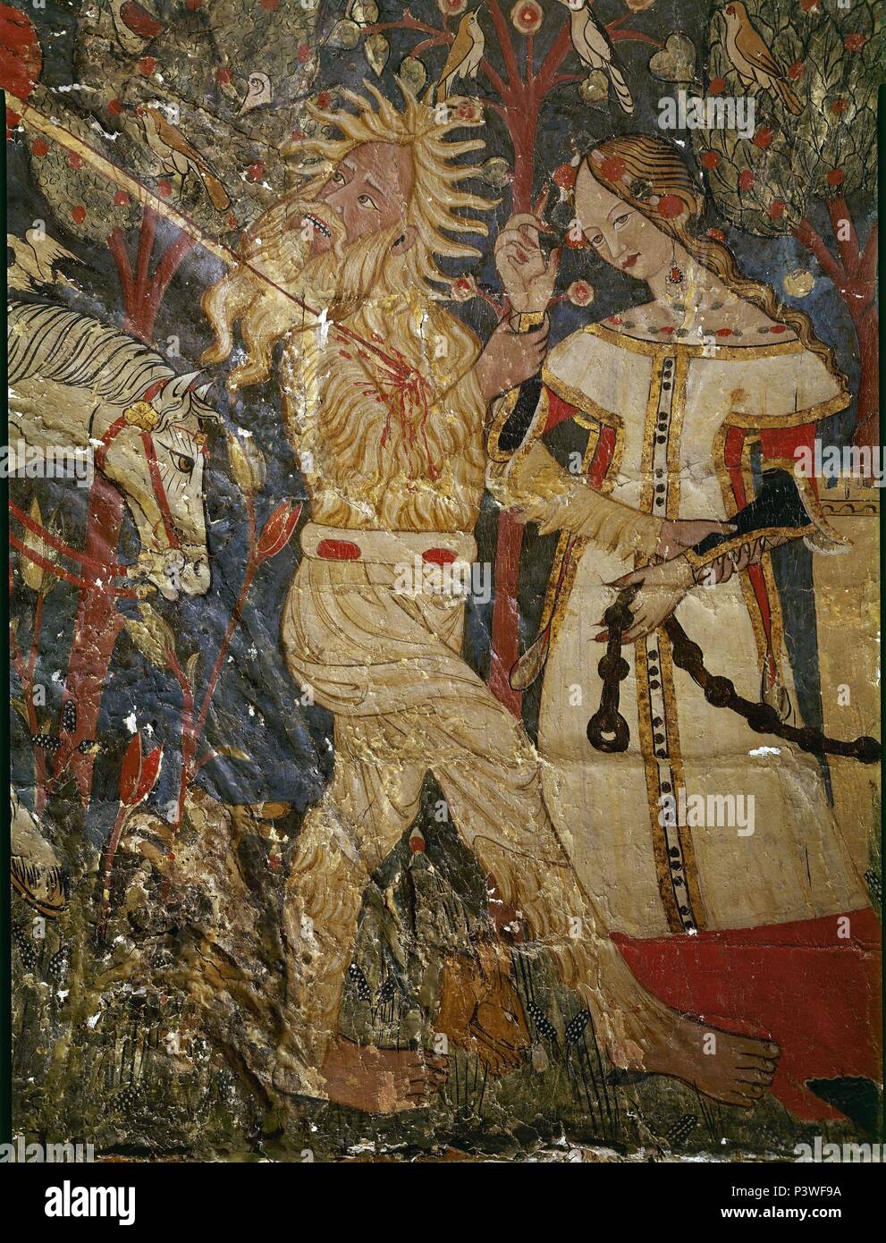 FANTASTICO HERIDO PERSONAJE POR LANZA CON DAMA - TORQUEMADA SEITLICH - ESCENAS LEGENDARIA-S XV EPOCA NAZARI. Ort: ALHAMBRA - SALA DE LOS REYES, Granada, Spanien. Stockfoto