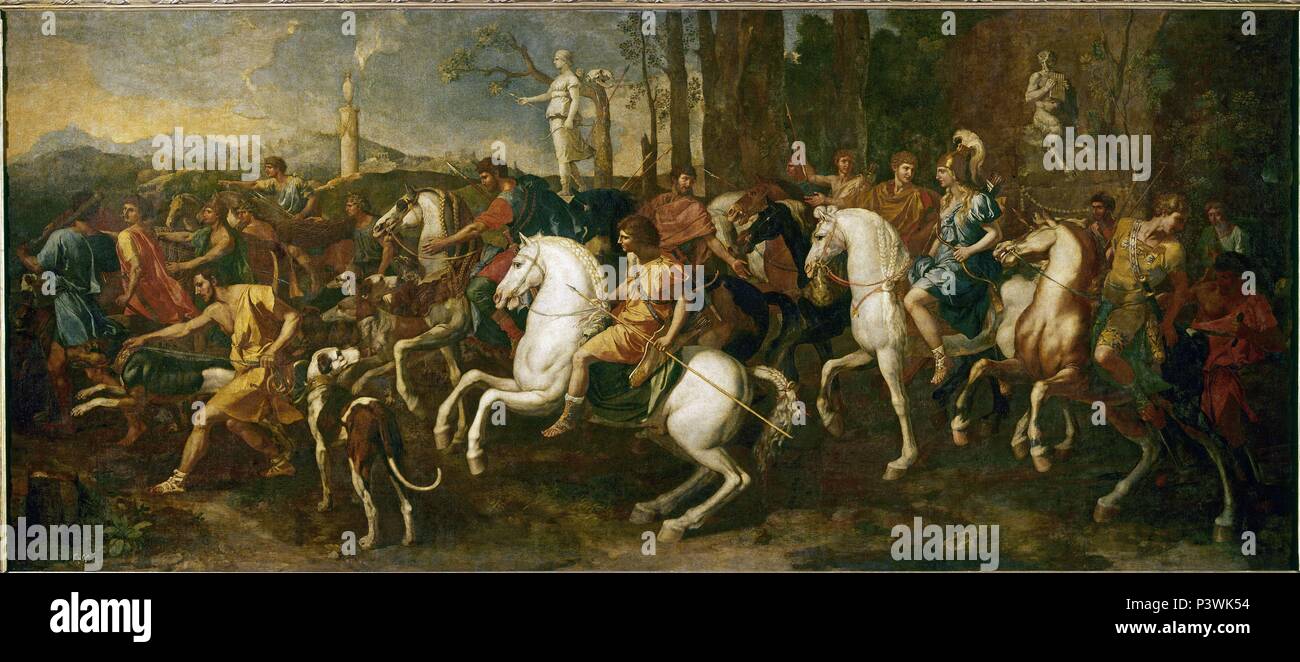 Meleager Jagd. 1637-1638. Öl auf Leinwand (160 x 360). Französische Schule. Madrid, Prado Museum. Autor: Nicolas Poussin (1594-1665). Lage: Museo del Prado - PINTURA, MADRID, SPANIEN. Stockfoto