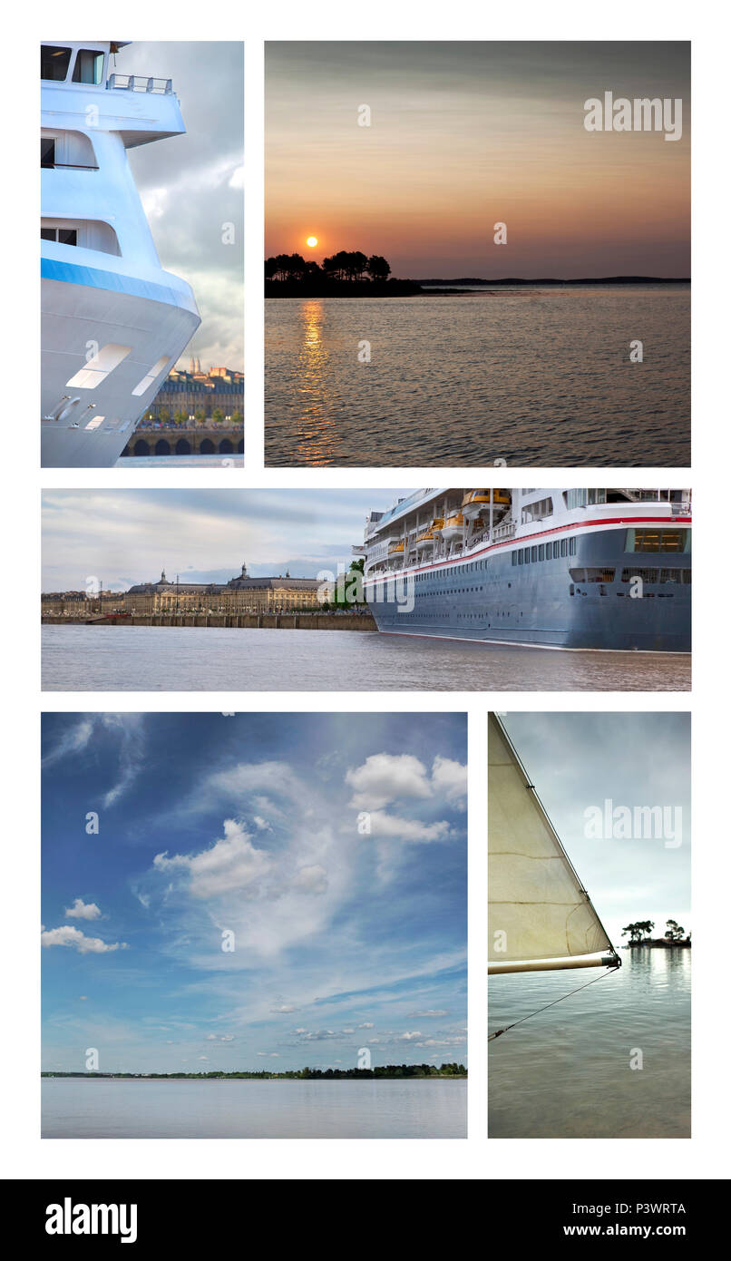 Collage von Kreuzfahrtschiffen und verschiedene Seelandschaften Stockfoto
