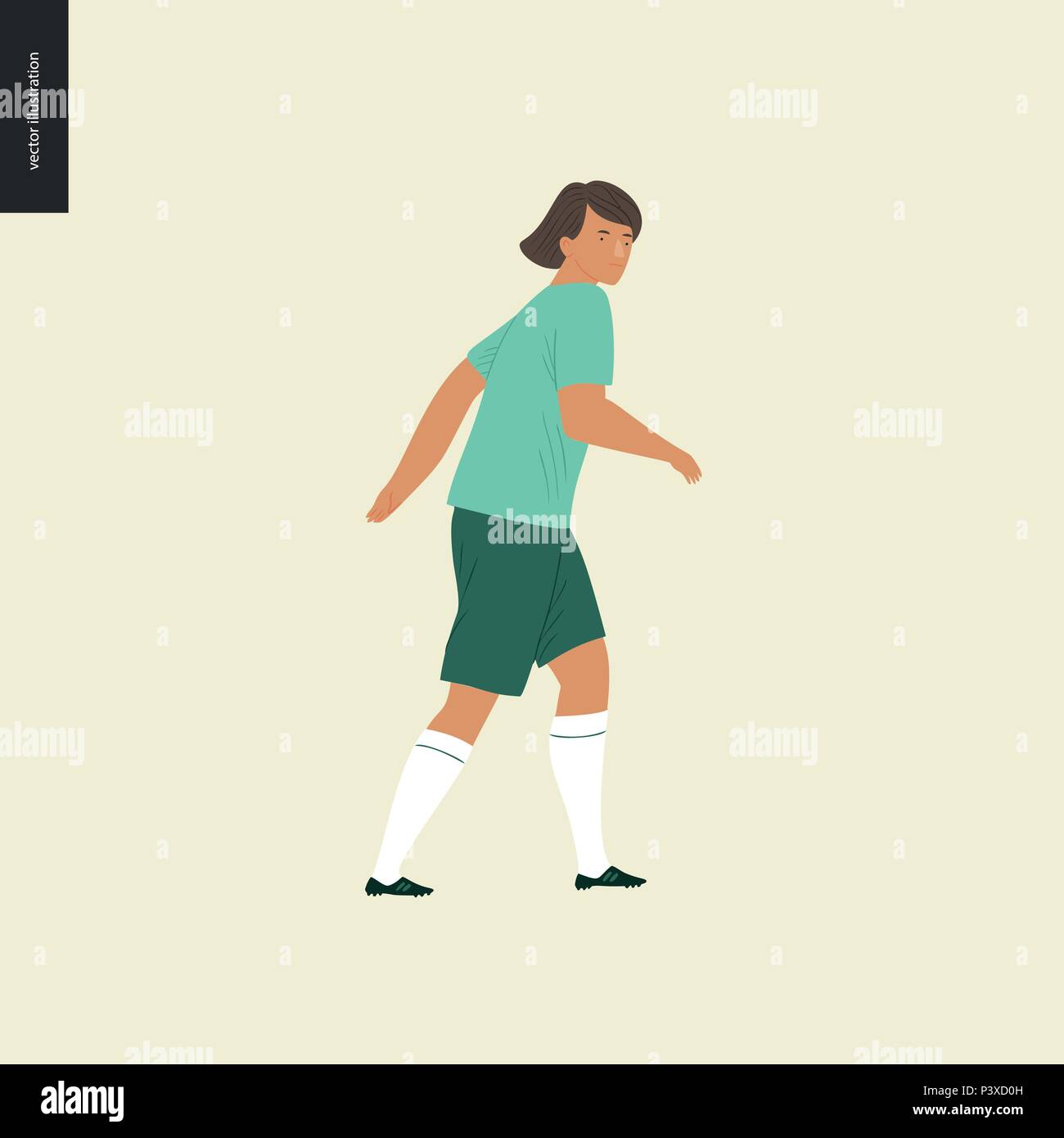 Frauen im europäischen Fußball, soccer Player - Flachbild Vector Illustration eines wandern junge Frau trägt die Europäische Fußball-Ausrüstung Stock Vektor