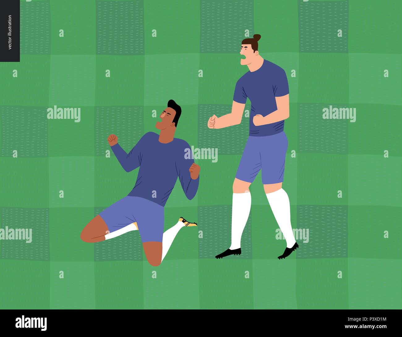 Fußball, Fußballer-Vector Illustration - fußball Spieler, Sieg - zwei junge Männer tragen europäische Fußball-Ausrüstung clenc Stock Vektor