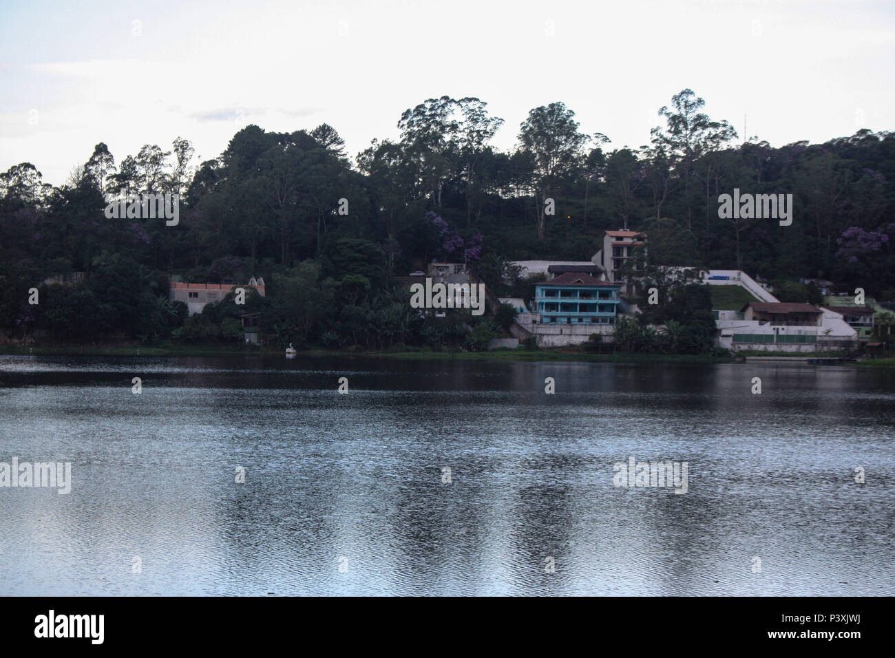 Casas construidas a Beira da represa Bilings keine munícipio de Ribeirão Pires. Stockfoto