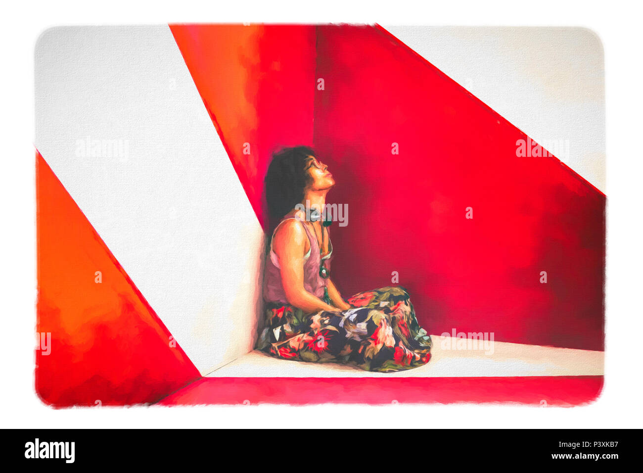 Cool afro Mädchen sitzt auf Studio vor abstraktem Hintergrund Stockfoto
