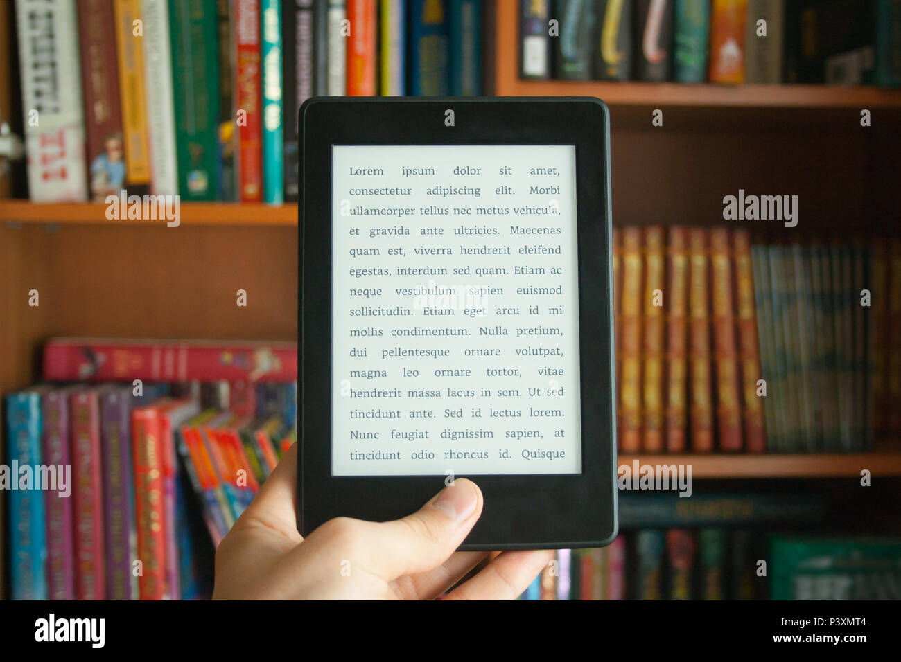 E-Buch in der Hand des Menschen mit Lorem ipsum Text Stockfoto