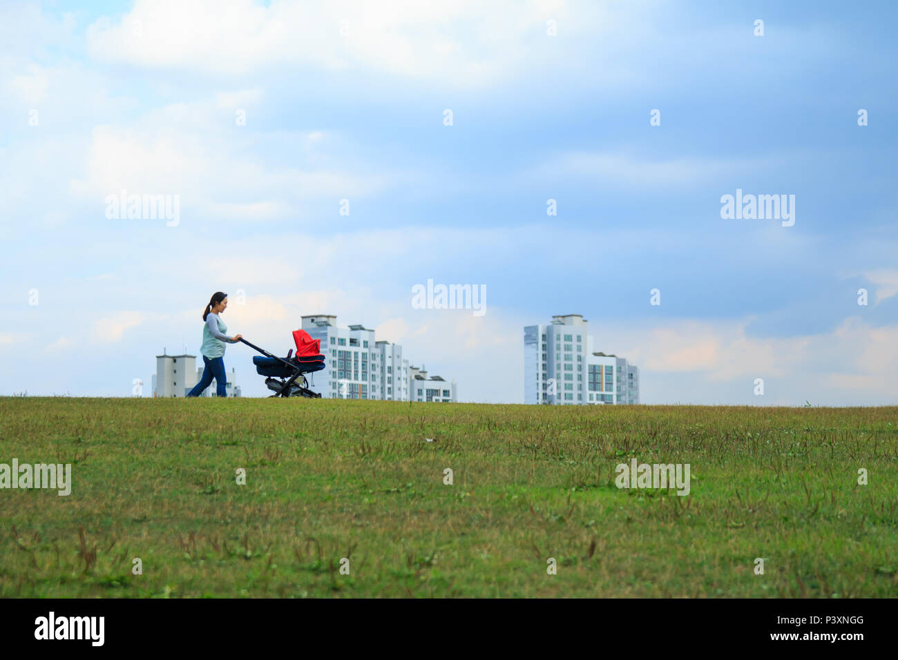 Koreanische junge Mutter schieben Kinderwagen in Park Stockfoto