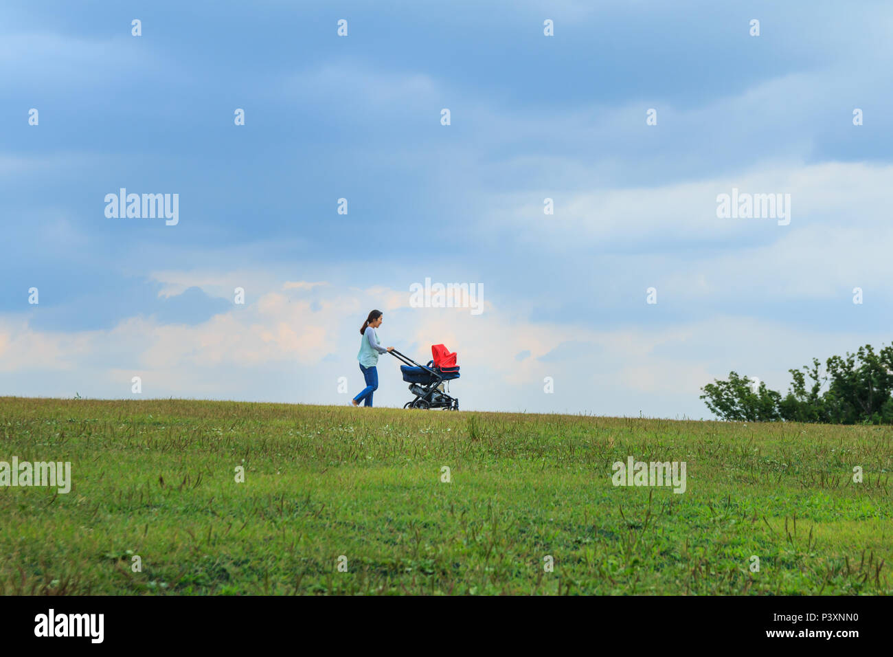 Koreanische junge Mutter schieben Kinderwagen in Park Stockfoto