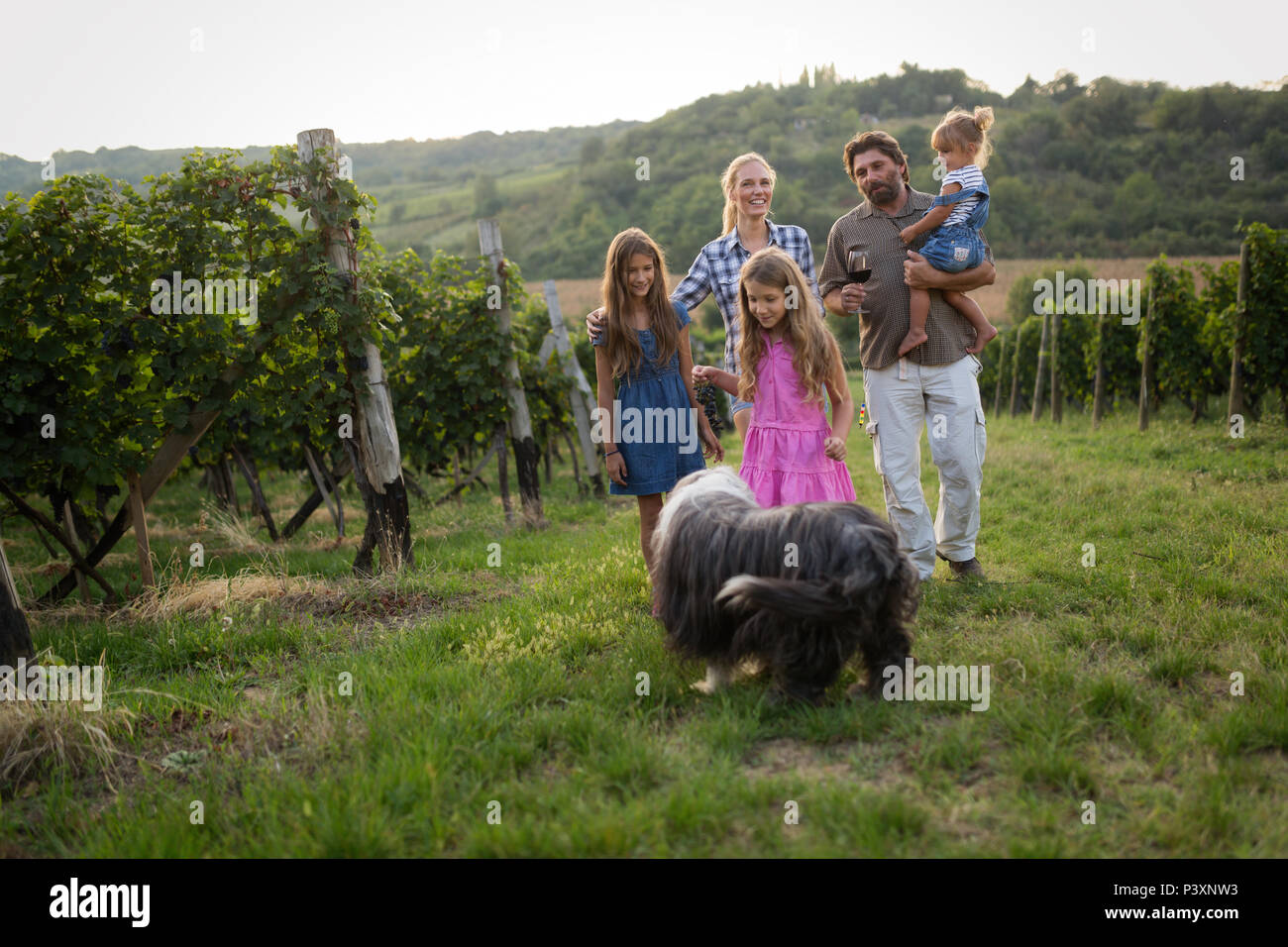 Glückliche Familie genießt Spaziergang im Weinberg Stockfoto