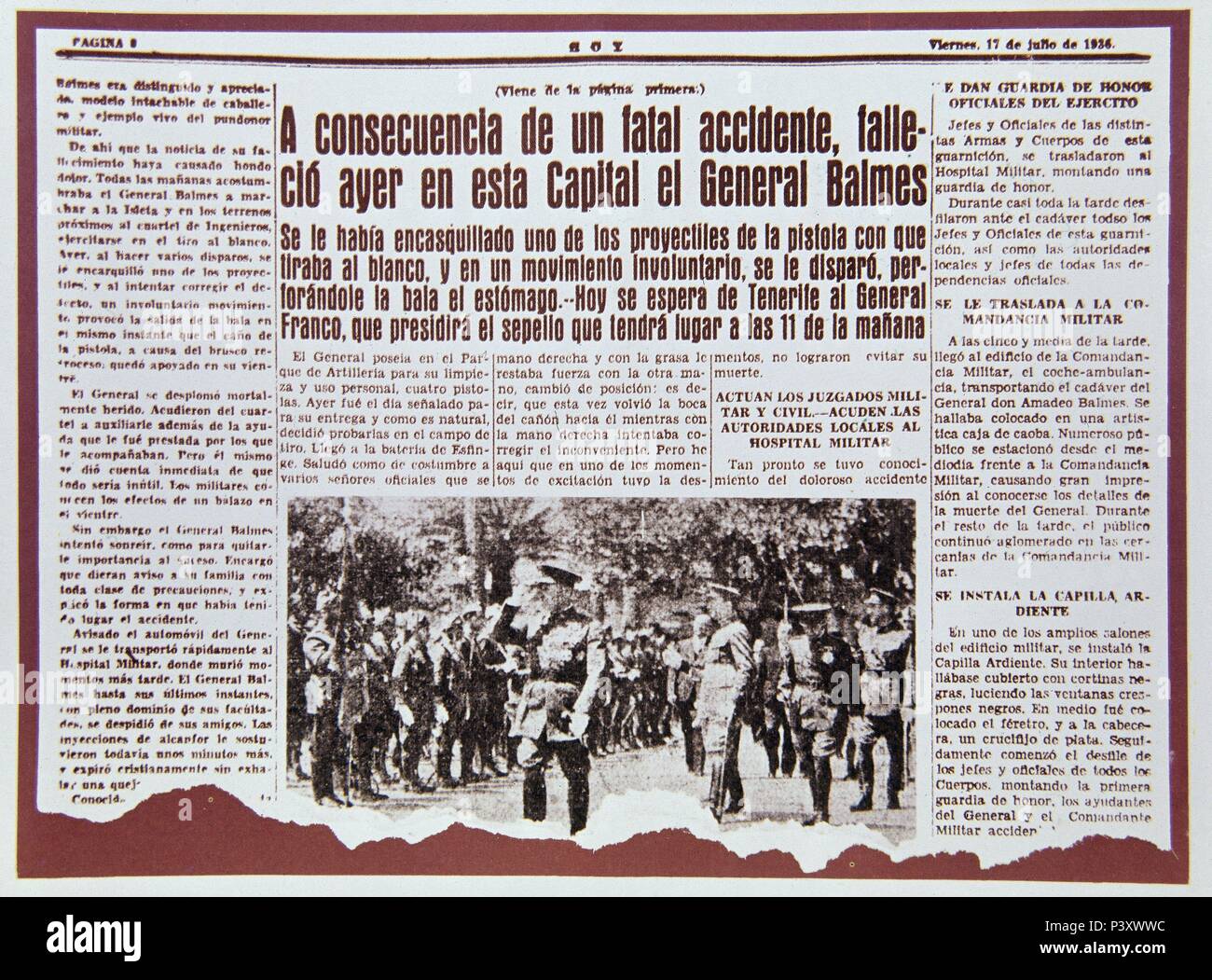 MUERTE DEL GENERAL BALMES DESCRITA EN EL PERIODICO DE 1934. Lage: Biblioteca Municipal, MADRID, SPANIEN. Stockfoto