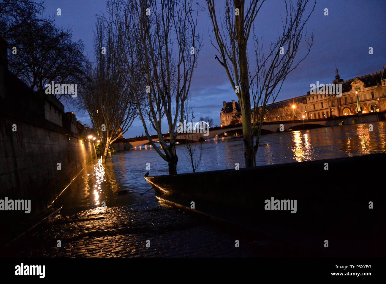 Les Grandes crus à Paris - Les Quais de Seine ne sind plus accessibles: l'eau est Montée. Du Trocadéro à Bercy, en passant par la Bibliothèque François Mitterrand, des Quais Mauriac à l'Ile Saint Louis, un Paysage jamais vu en février 2018 et 2016 Stockfoto