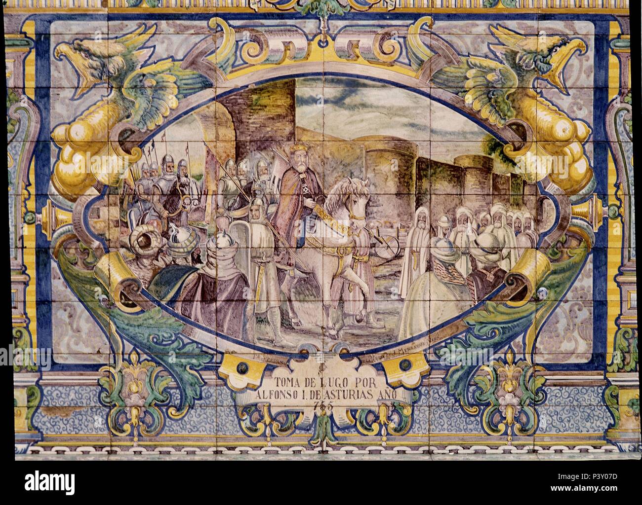 REPRESENTACION DE LUGO - TOMA DE LUGO POR ALFONSO I DE ASTURIAS - MOSAICO DE LA PLAZA DE ESPAÑA DE SEVILLA - SIGLO XX. Ort: ESPAÑA, Sevilla, Sevilla, Spanien. Stockfoto