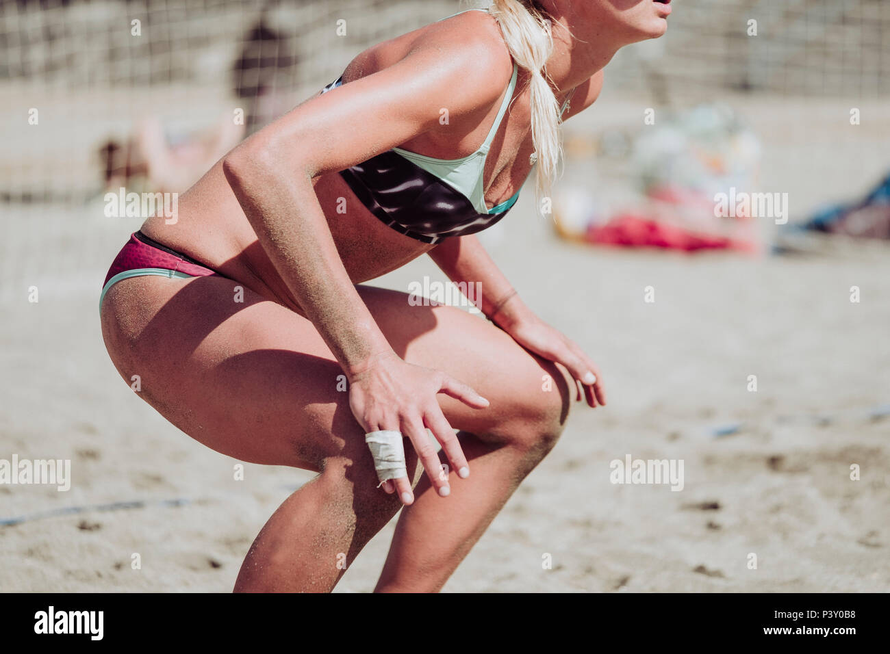 Deutsche beach volley Spieler, Maggie Kozuch, während ein freundliches Spiel Stockfoto